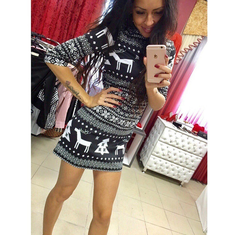 New Christmas Women Long Sleeve Crew Neck Print Dress