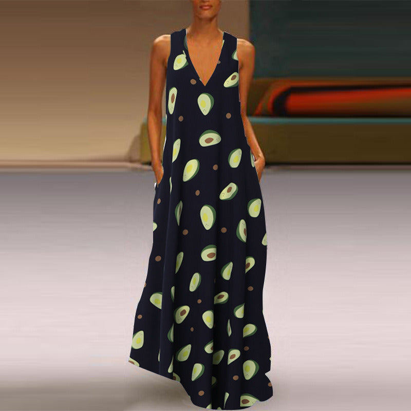 Avocado Printed Vest V-neck Dress Long Skirt Dress Women's Clothing