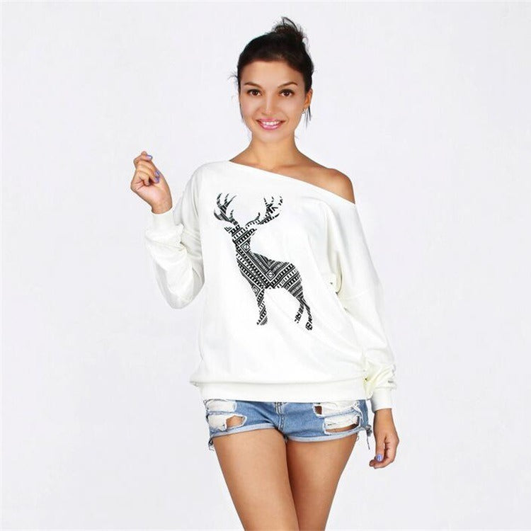 Autumn and Winter New Christmas Theme Elk Print Long-sleeved Sweater Sexy Oblique Collar Shirt Pullover Women's Clothing