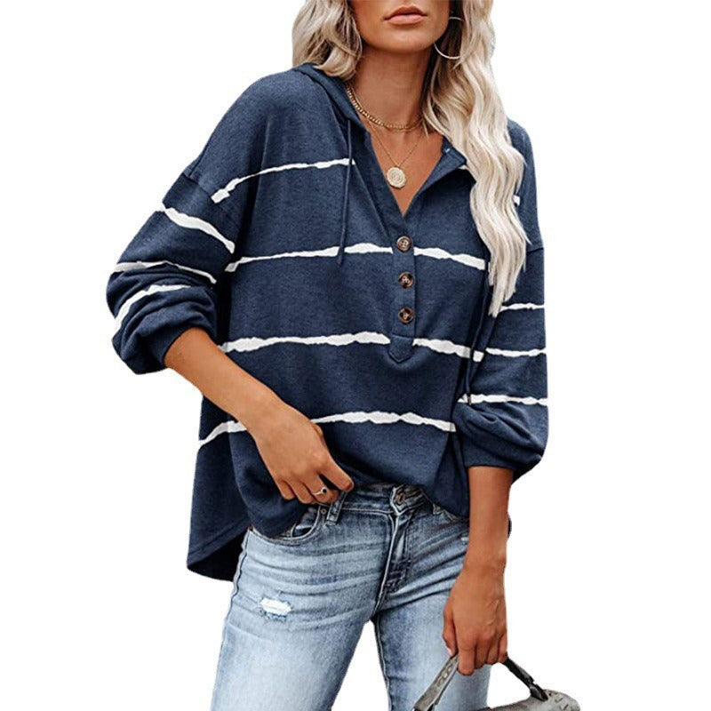 Fall/Winter Women's New Tops Loose V-neck Long Sleeve Striped Sweater Buttoned Hoodie