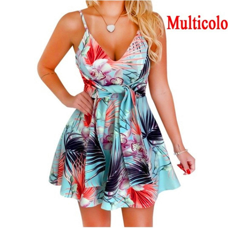 summer women's new sexy fashion V-neck sling sleeveless halter bandage printed swing dress