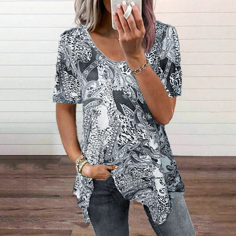 Fashion summer women's new T-shirt printing short-sleeved V-neck irregular plus size blouse