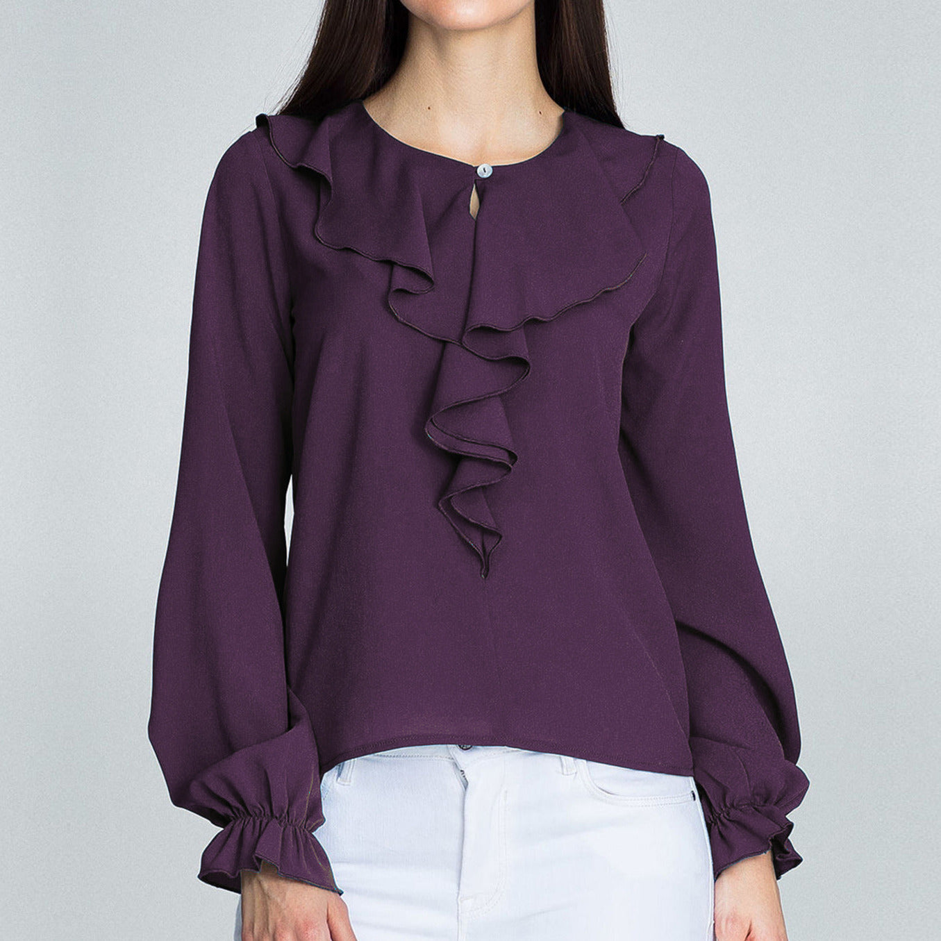 Autumn and Winter Solid Color Round Neck Ruffled Long Sleeved Chiffon Ladies Top