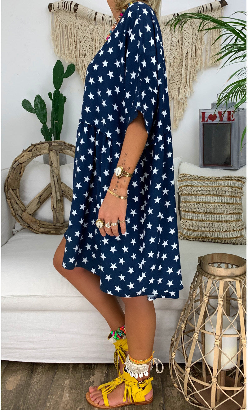 Spring and Summer New Short-sleeved Loose Printed Dress Casual Knee-length Skirt