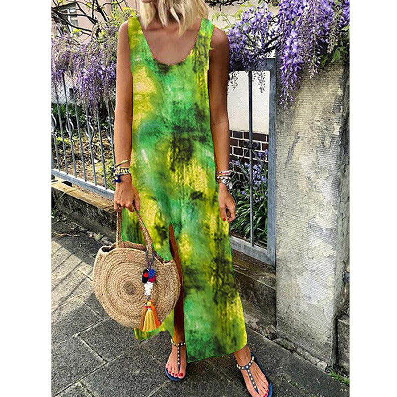 Summer New Women's Sleeveless Printed Bohemian Long Split Dress