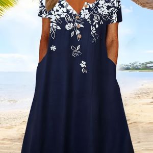 Plus Size Elegant Dress; Women's Plus Floral Print Button Up Short Sleeve Dress With Pockets