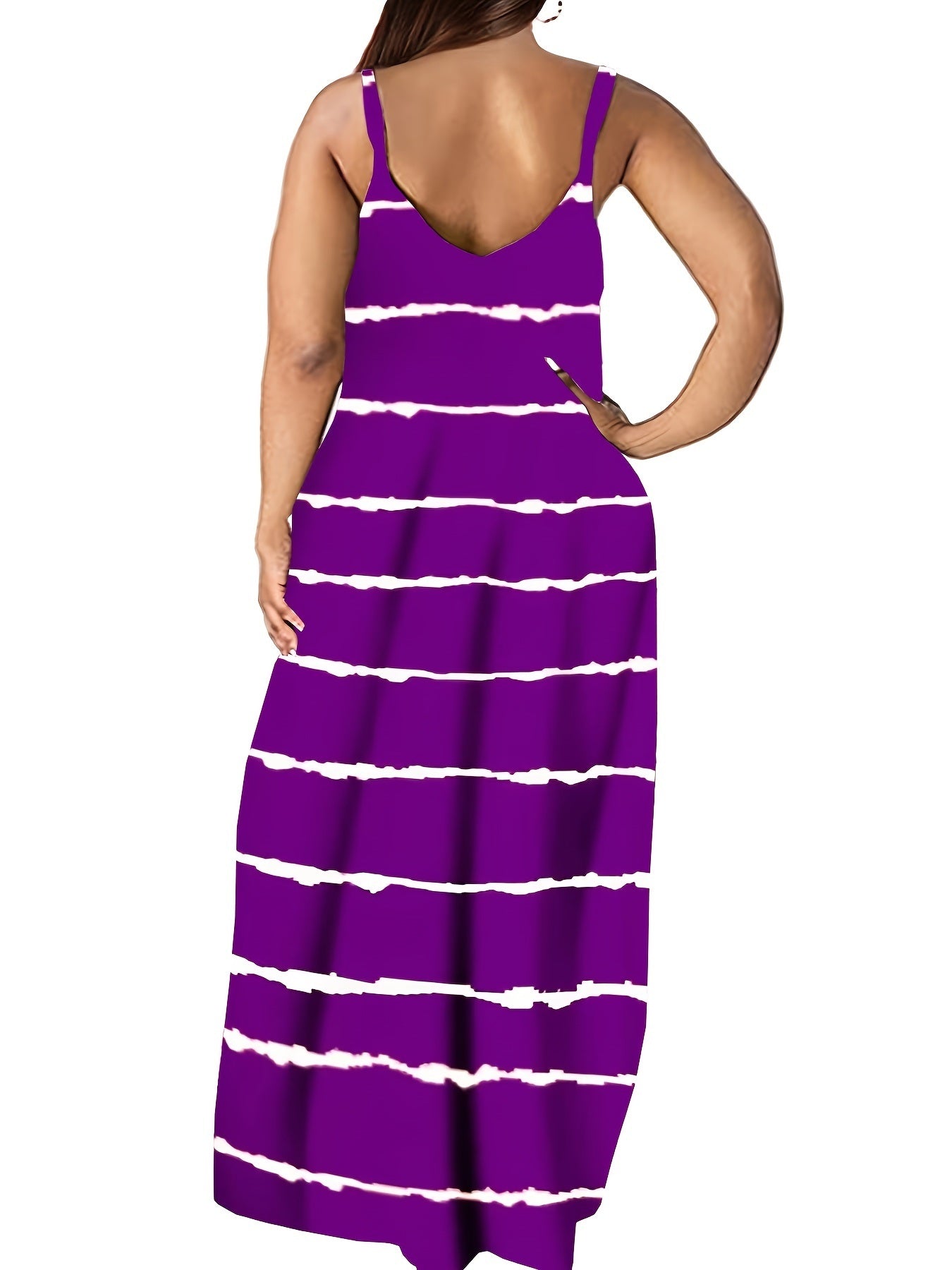 Plus Size Strip Print Cami Maxi Dress With Pockets; Women's Plus Slight Stretch V Neck Casual Long Dress