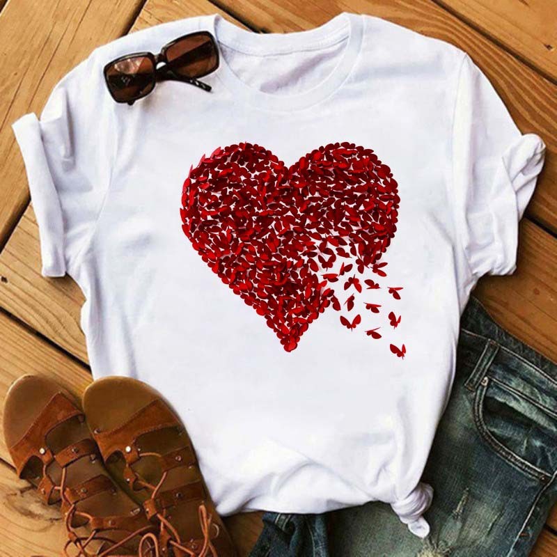 Watercolor Butterfly Heart Printed T Shirt New Women T--Shirt Harajuku Cute Graphic Tee Shirt Ladies Casual Female Tops Tee