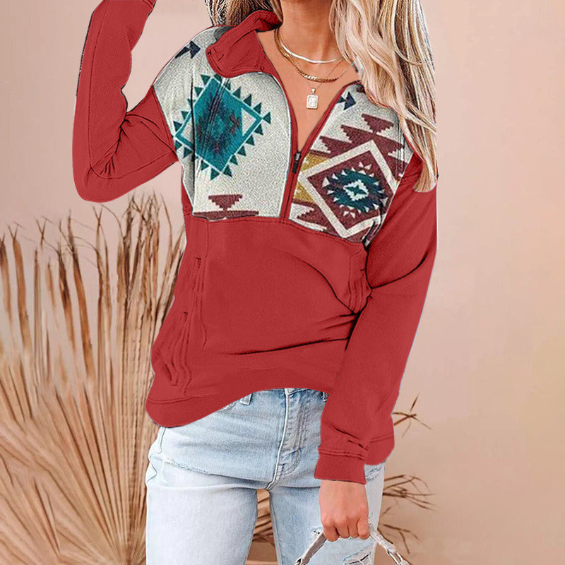 autumn and winter new women's hoodie zipper lapel printed sweater