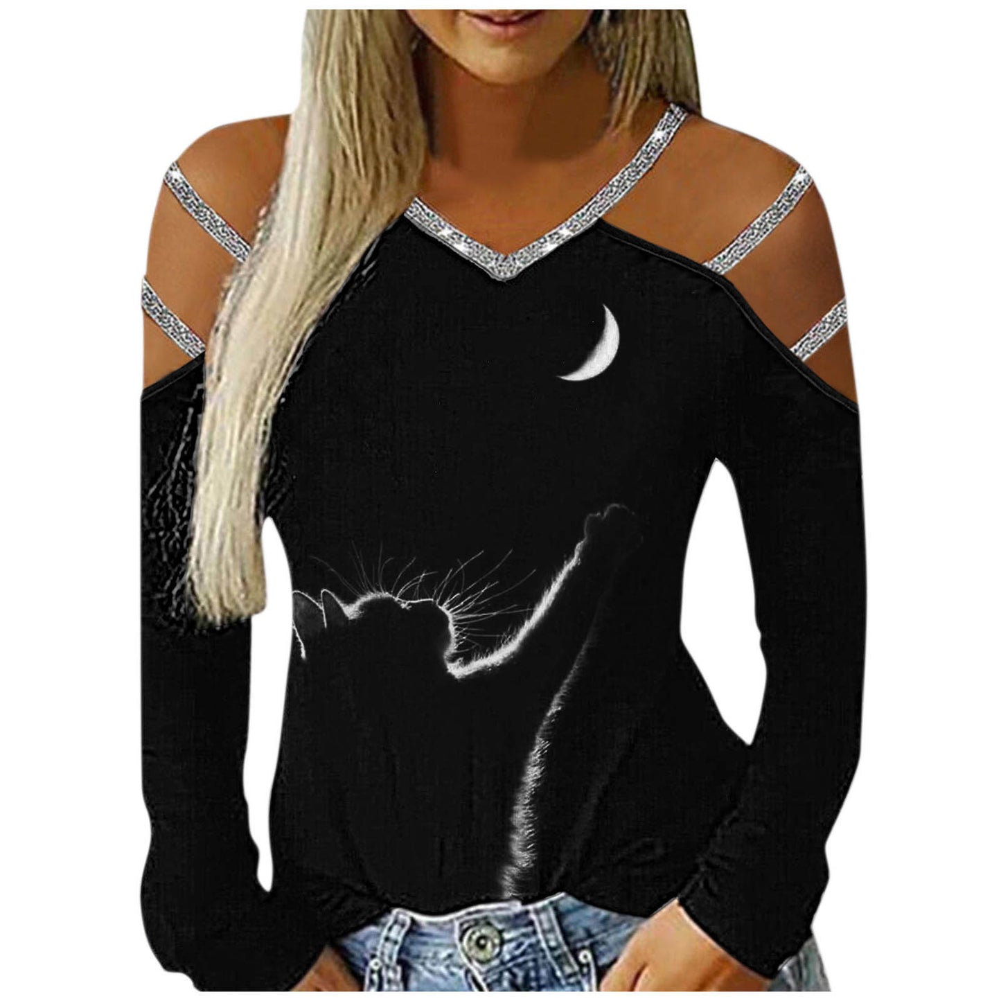 Gradient Printed Women's Shirt Casual Loose Blouses Women Hollow Out Long Sleeves V Neck Off Shoulder Blousess Tops Women