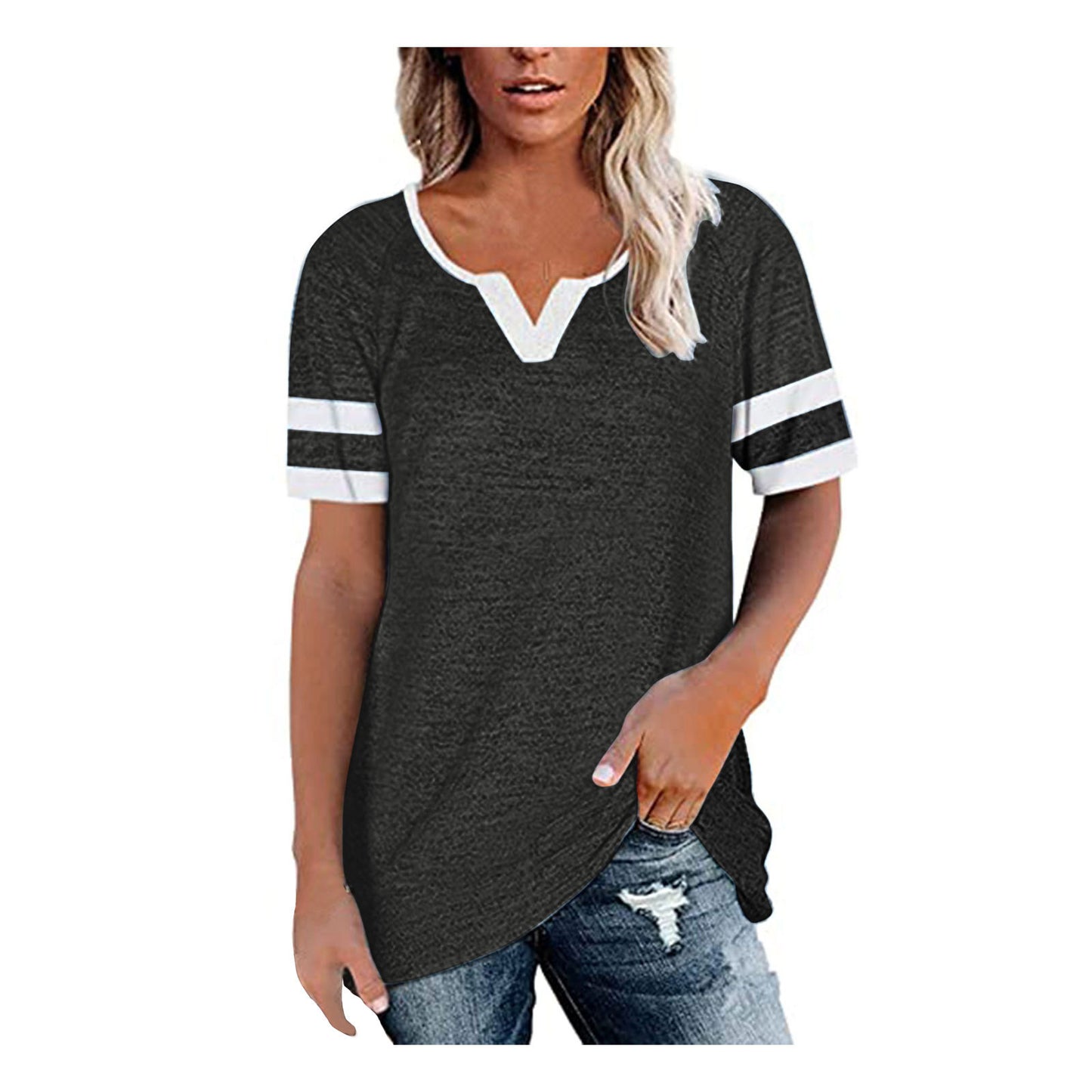 summer new women's T-shirt stitching V-neck casual T-shirt short-sleeved loose top