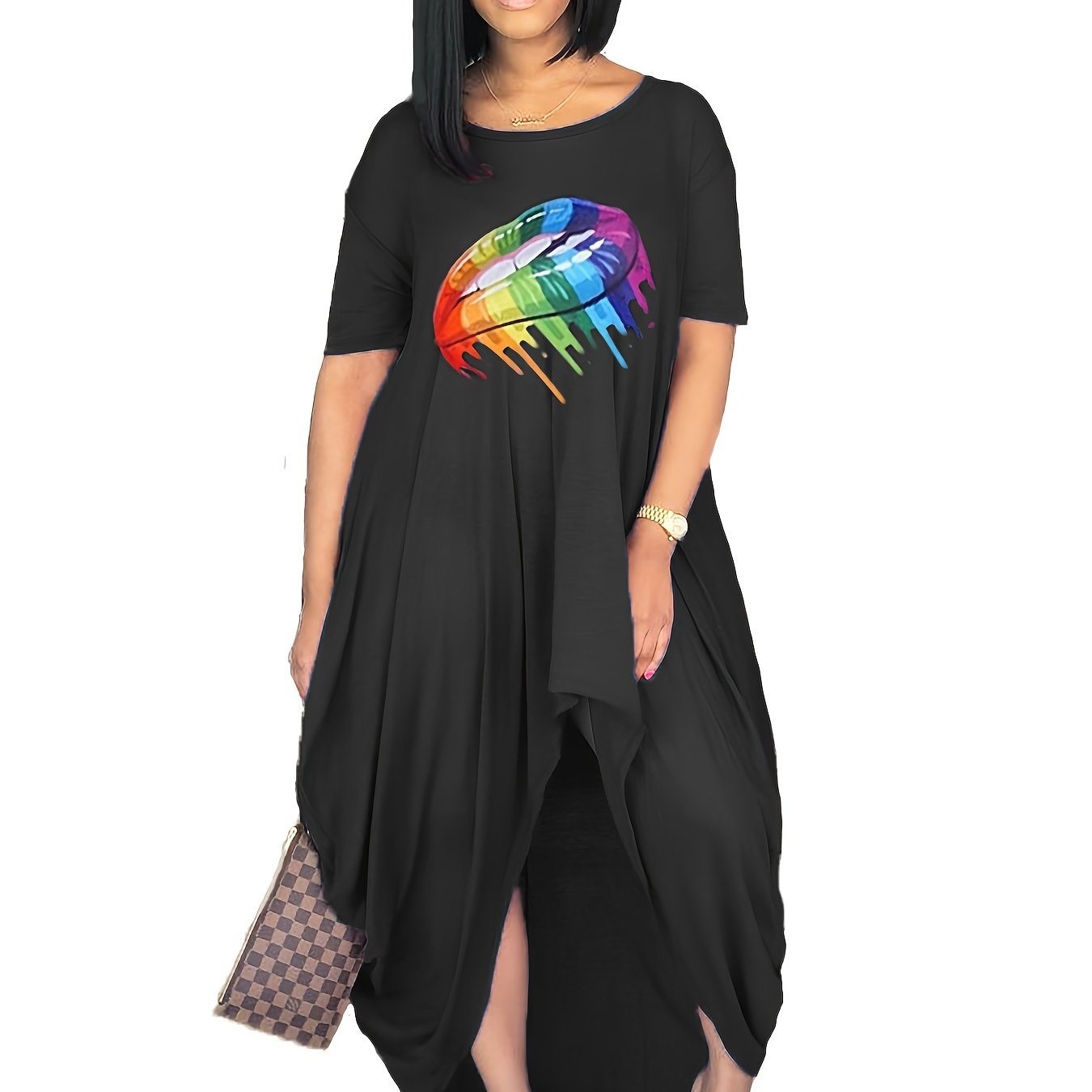 Plus Size Rainbow Color Lip Print Irregular Hem Dress; Women's Plus Casual Short Sleeve Dress