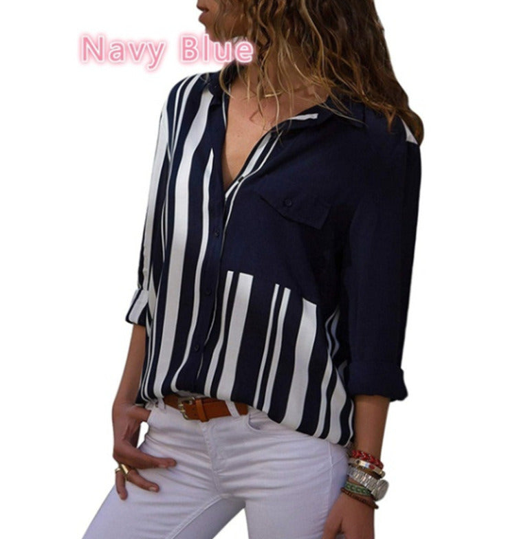 Europe and the United States new women's shirt long-sleeved single-breasted striped shirt