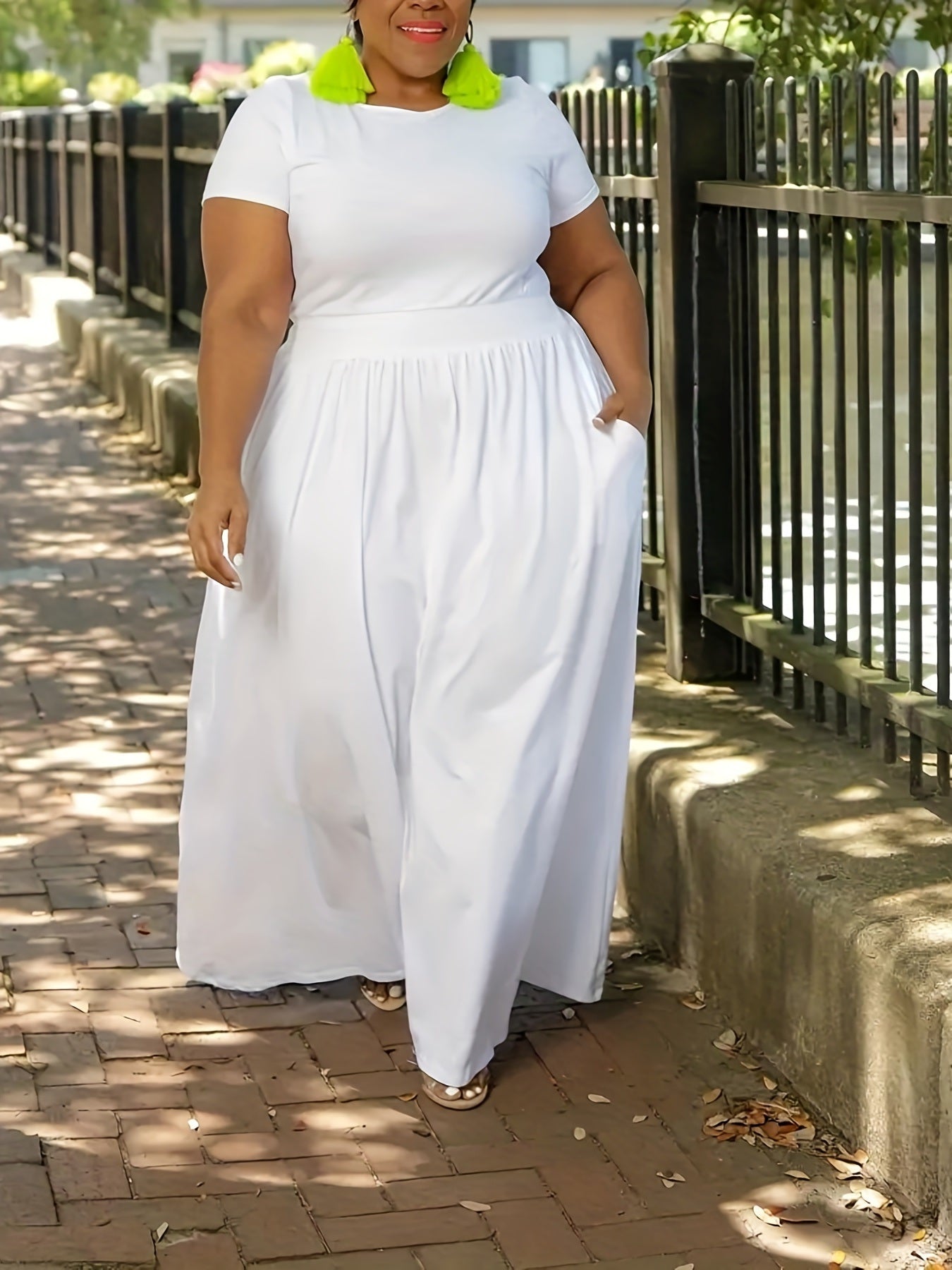 Plus Size Solid Short Sleeve Maxi Dress; Women's Plus Medium Stretch Elegant Long Dress