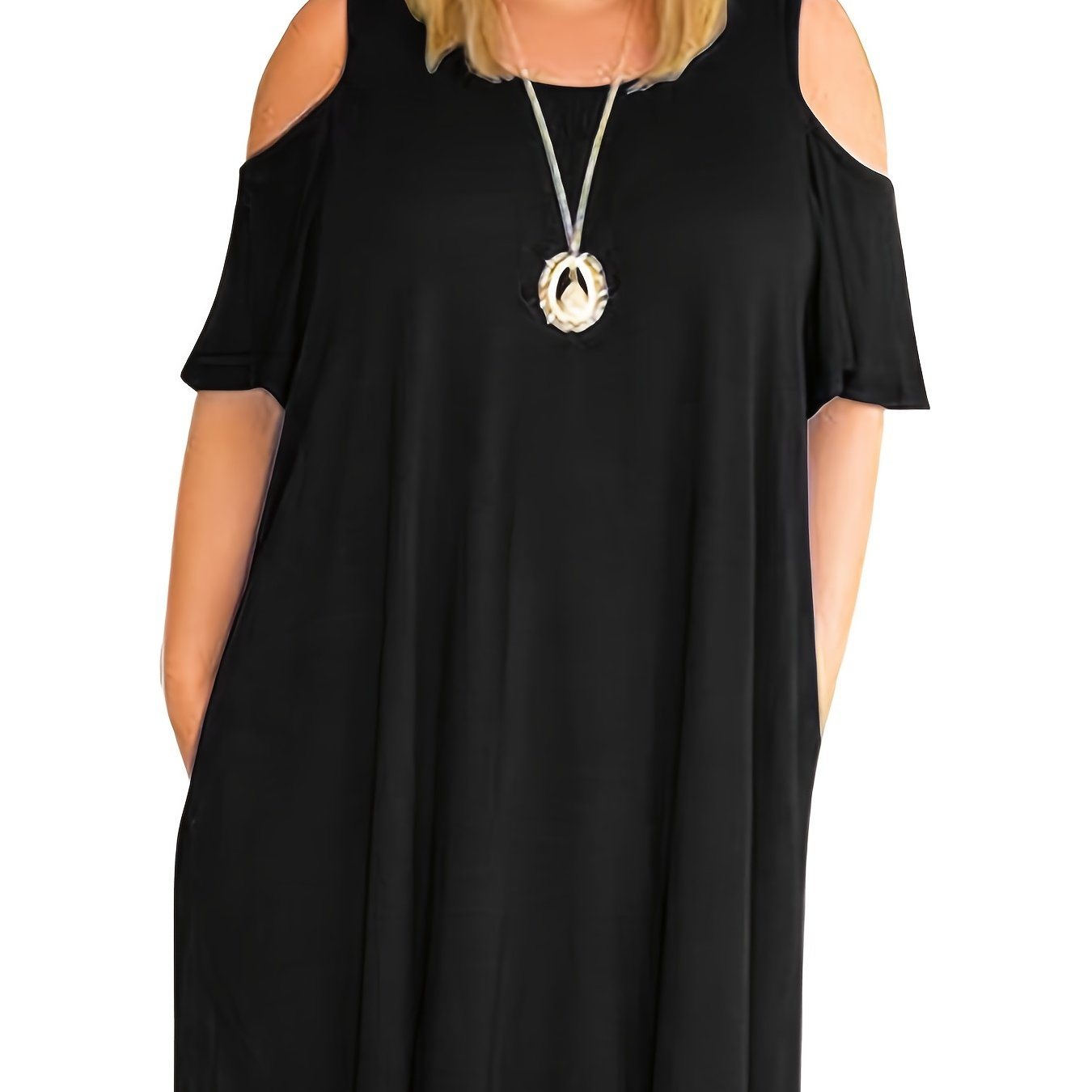 Plus Size Solid Off Shoulder Short Sleeve Loose Dress; Women's Plus Medium Stretch Round Neck Dress