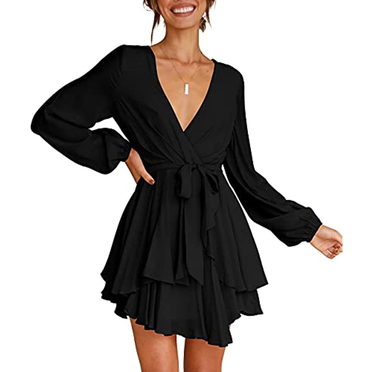 Women's Dress Deep V-Neck Long Sleeve Waist Tie Ruffle Mini Swing Skater Dresses