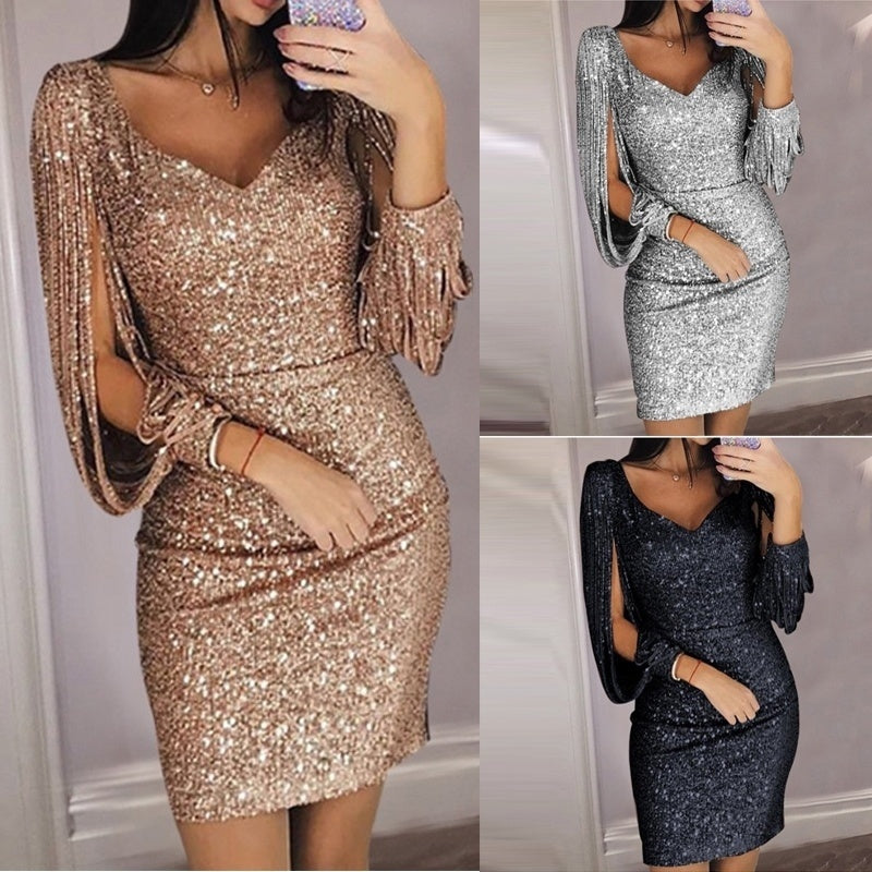 Women's Skirt Fashion V-neck Sexy Tassel Slim Dress