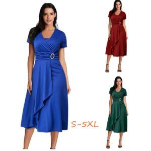 Summer Sexy Asymmetrical Large Swing V-neck Women's High Waist Midi Dress Solid Color Evening Dress