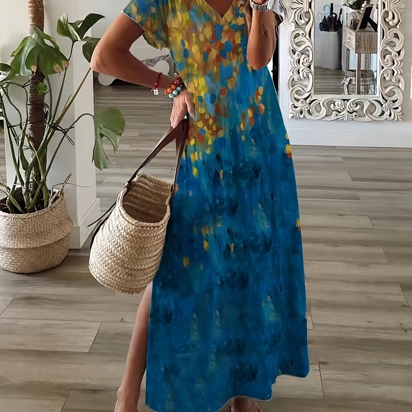 Plus Size Elegant Dress; Women's Plus Floral Print V Neck Short Sleeve Boho Maxi Dress