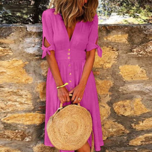 Deep V-Neck Summer Dress Woman Short Sleeve Solid Lace Up Button Tunic Long Dresses For Women 2021 Loose Casual Plus Size 5XL