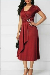 Summer Sexy Asymmetrical Large Swing V-neck Women's High Waist Midi Dress Solid Color Evening Dress