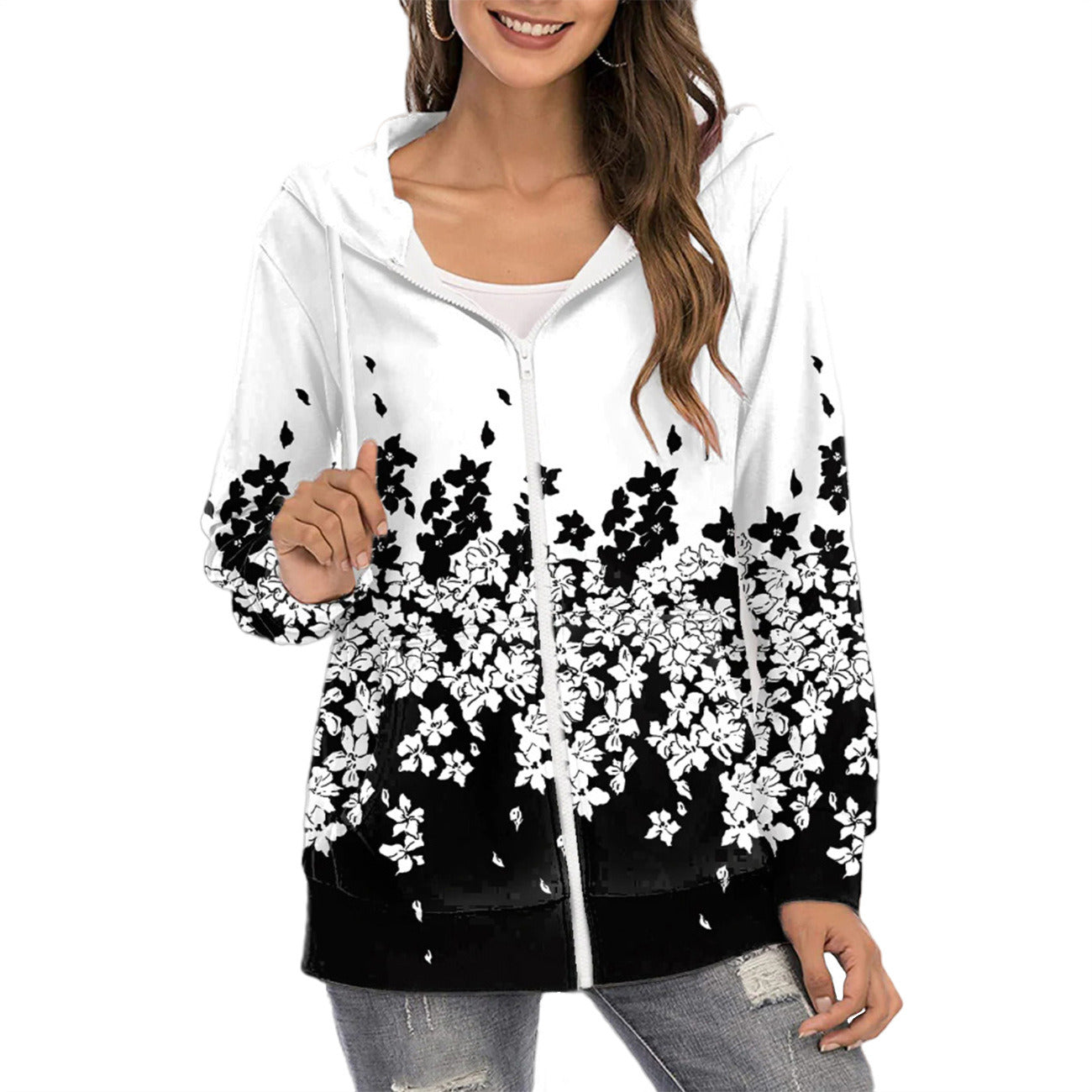 Autumn and winter new women's clothing printed Hoodie zipper commuter gradient coat women