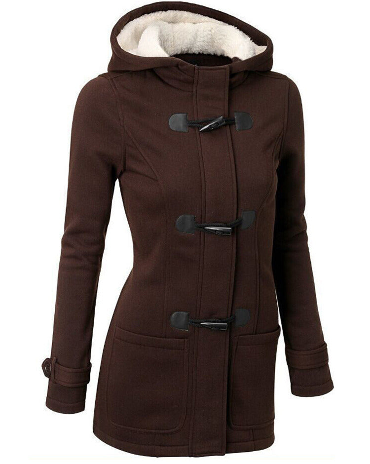 Autumn and Winter New Thicken Large Size Horn Buckle Hooded Woolen Coat Women's Clothing