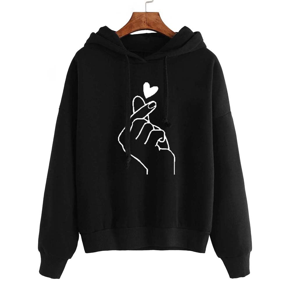 New Fashion Women Hooded Sweater Casaul Printed Heart Long Sleeve Solid Color Hooded Hoodie Finger Heart Hoodie Pullover Tops Hoodies Coat