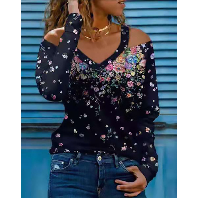 Women's Autumn and Winter New Fashion Long-sleeved V-neck Strapless Floral Ladies T-shirt