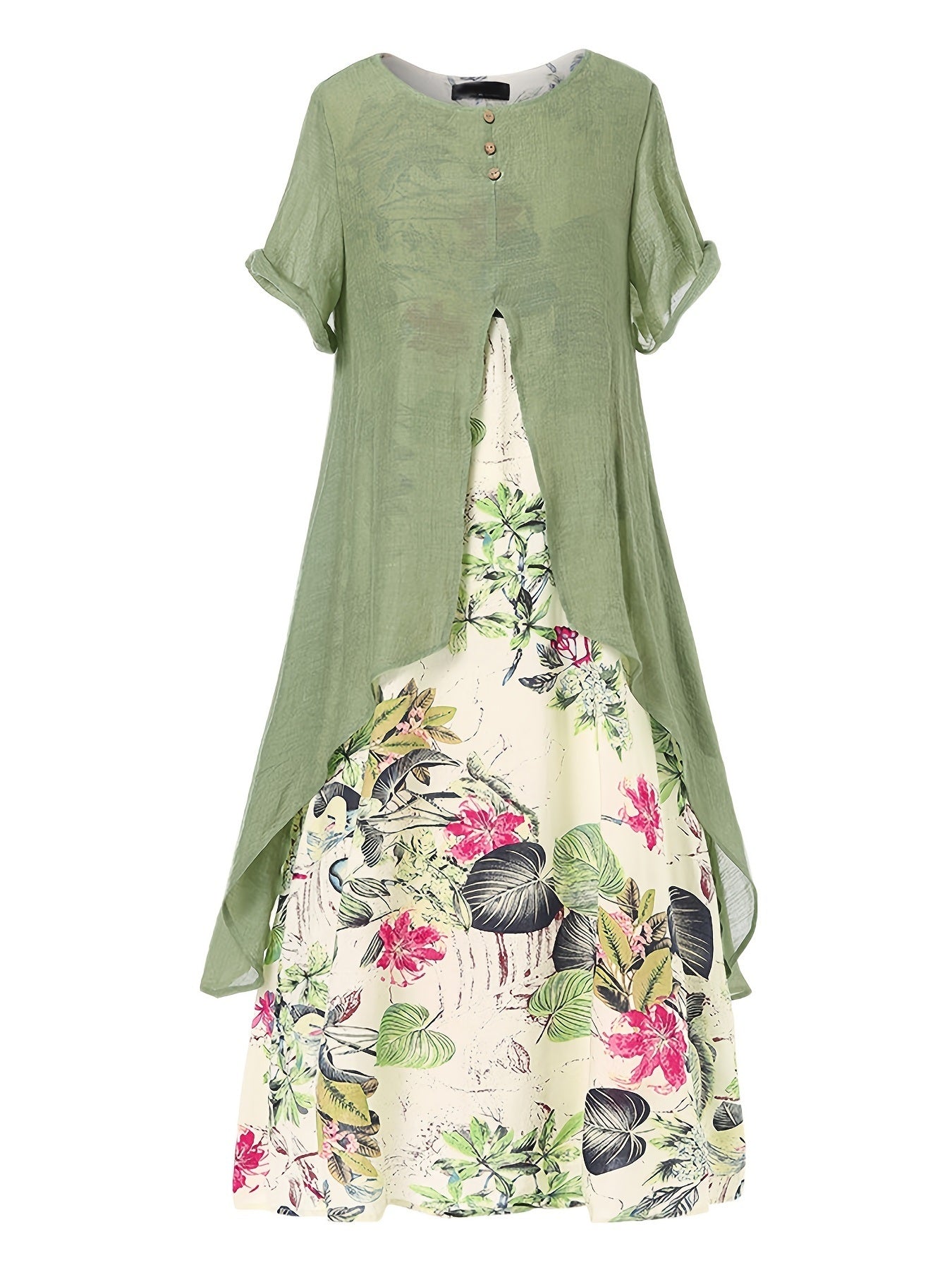 Plus Size Floral Print Short Sleeve Short Sleeve Layered Maxi Dress; Women's Plus Round Neck Casual Long Dress