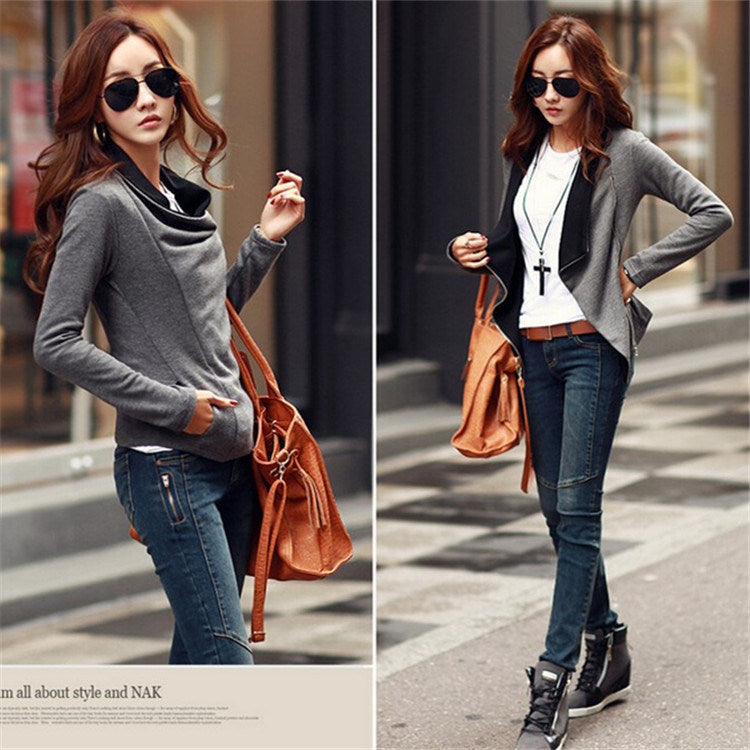 Fashion Woman Autumn Top Outwear Coat Patchwork Zipper Turn Down Lapel Collar Zipper Slim Coat