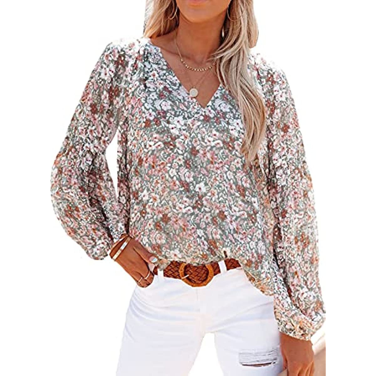 Women's Casual Boho Floral Print V Neck Long Sleeve Loose Blouses Shirts Tops