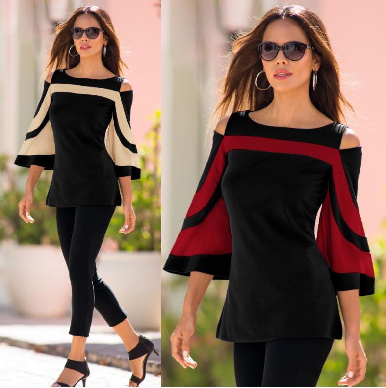 Women Blouses and Tops Black White Colorblock Bell Sleeve Cold Shoulder Top Shirt