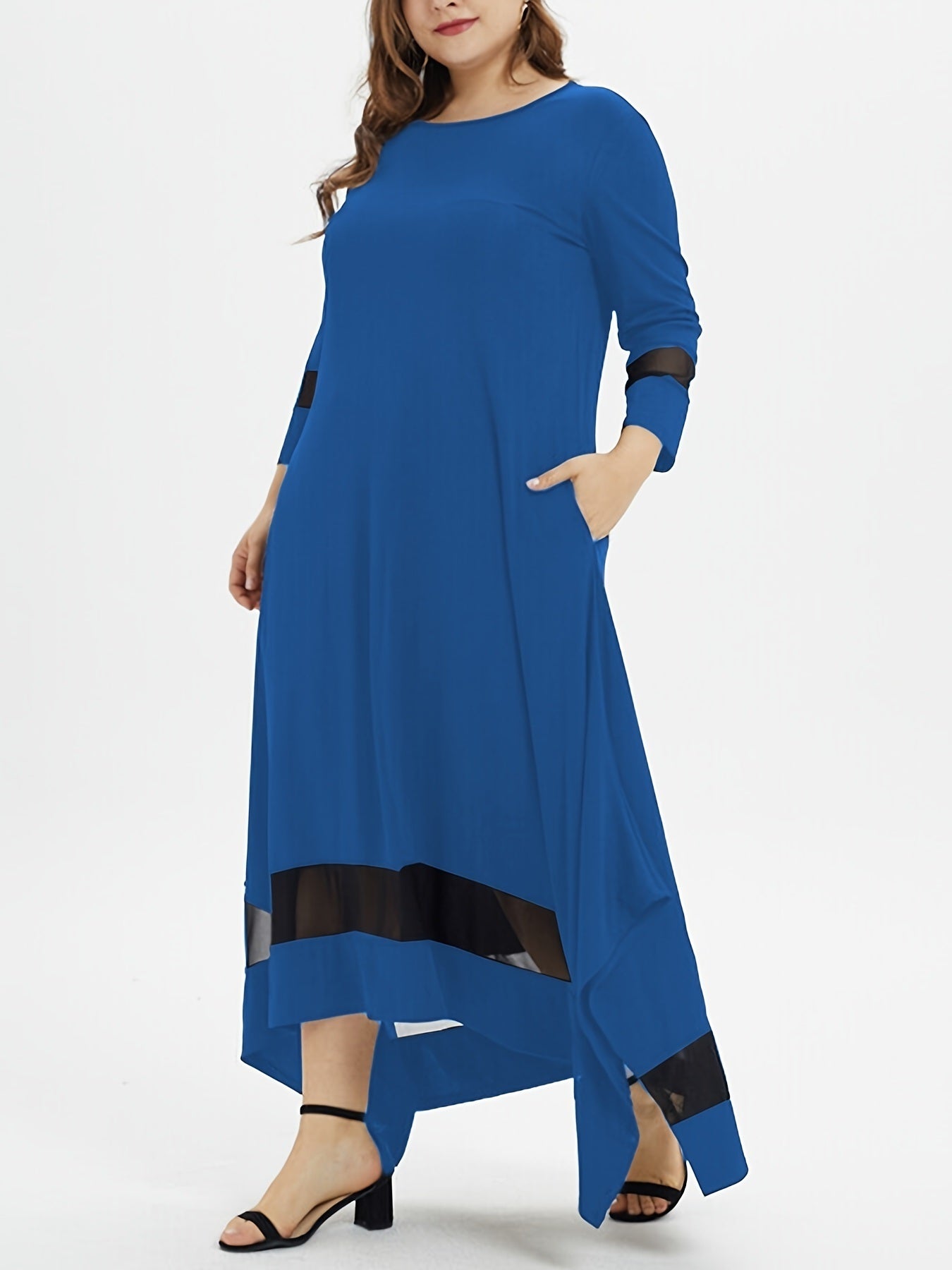 Plus Size Contrast Mesh Round Neck Long Sleeve Loose Fit Maxi Dress; Women's Plus Slight Stretch Elegant Long Dress