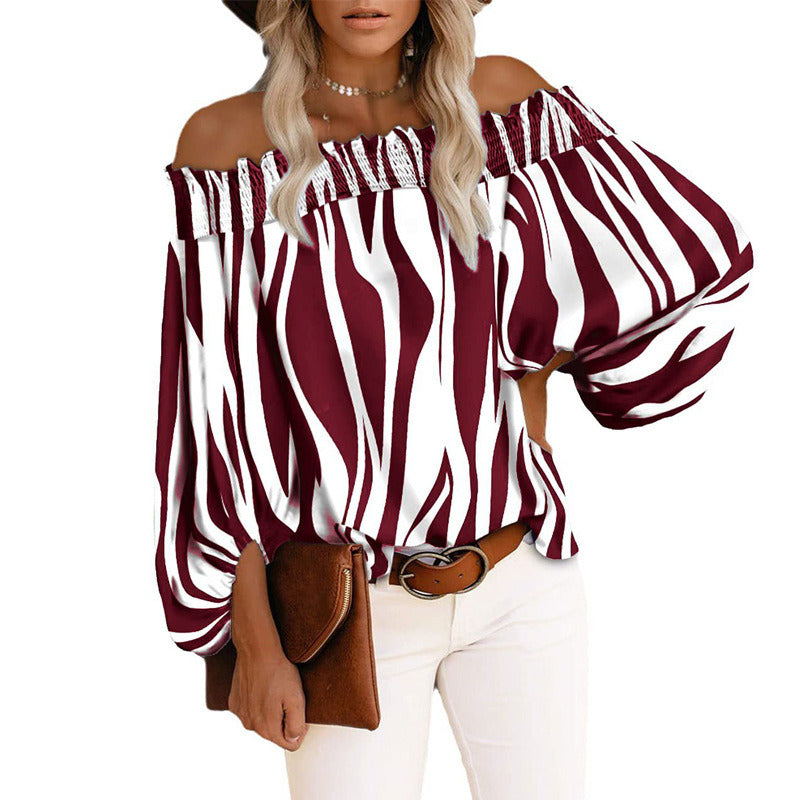 Sexy Off Shoulder Stripe Print Chiffon Shirt Women Fashion One Neck Lantern Long Sleeve Pullover Tops Street Vintage Lady Blouse