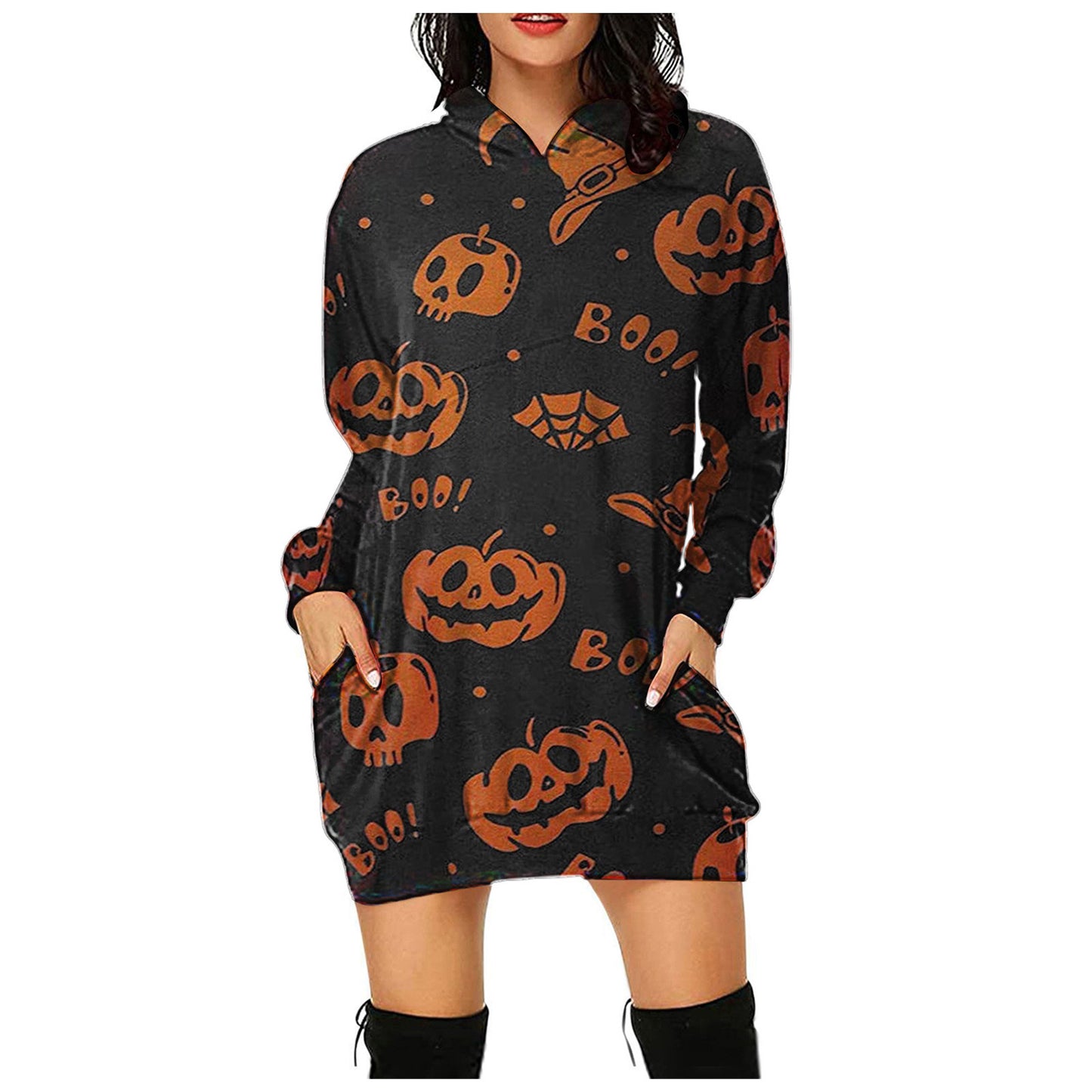 Halloween Women's New Style Dress Digital Printed Hooded Long Sleeve Dress