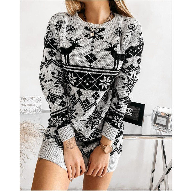 2021 Christmas Theme Ladies New Sweater Elk Snowflake Christmas Jacquard Knitted Dress