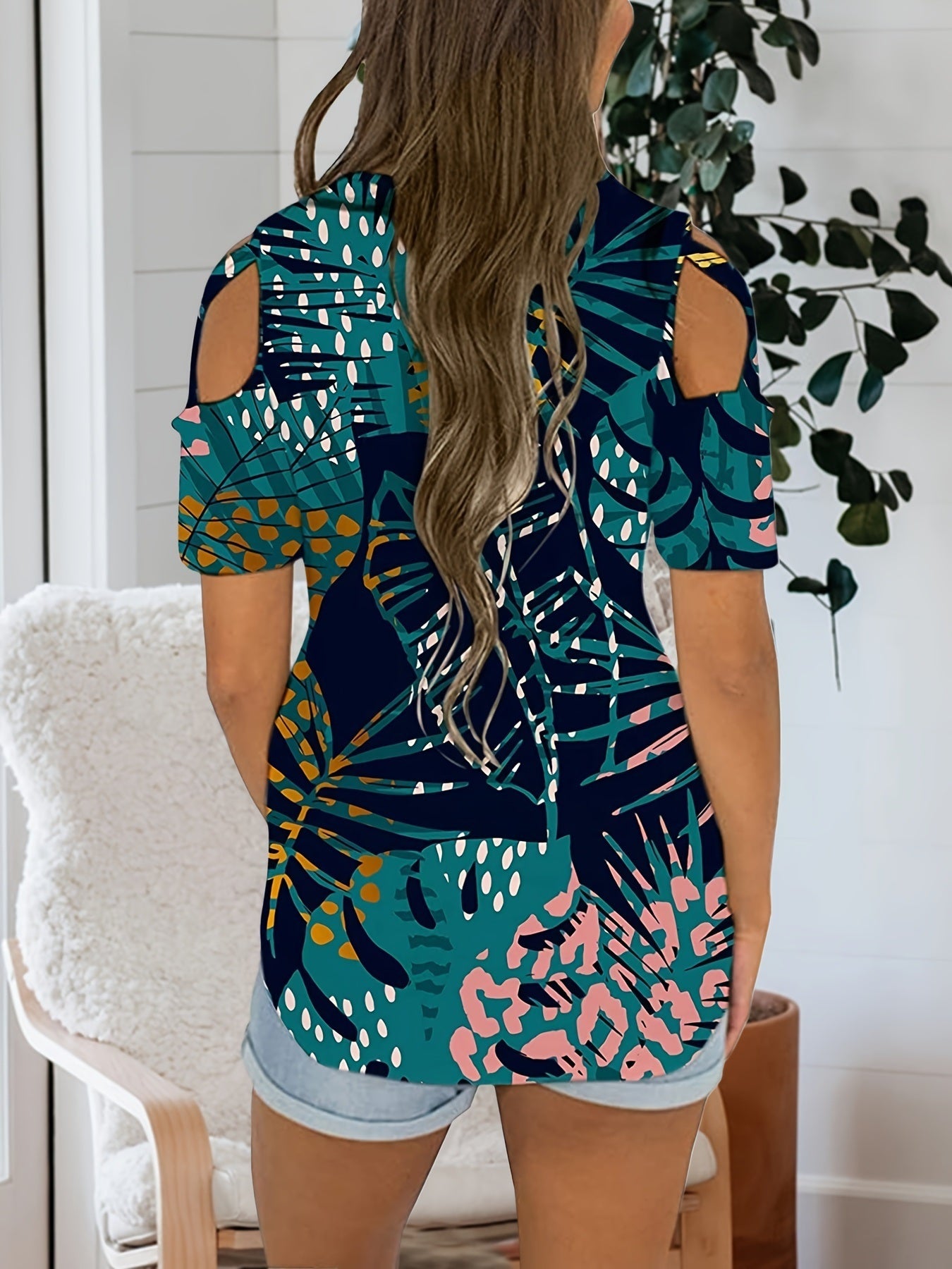 Tropical Print Short Sleeve Shirt; Zip Up Cold Shoulder Casual Top For Spring & Summer