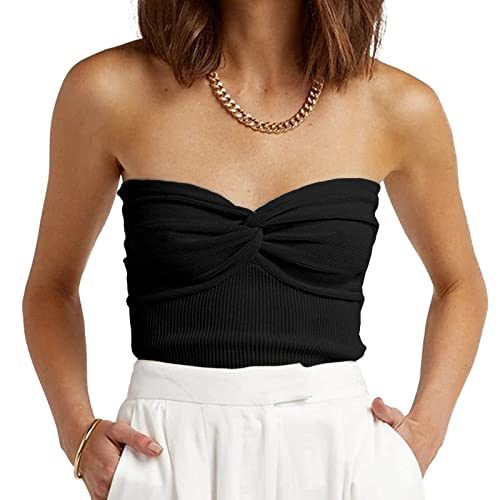 Womens Strapless Crop Top Sexy Sweetheart Neck Ribbed Knit Twisted Knot Front Sleeveless CamisoleTanks Top