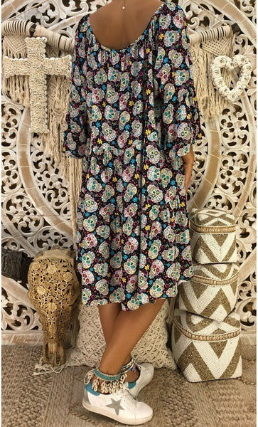 Autumn Summer Print Loose Dress Nine Sleeve Long Sleeve Dress