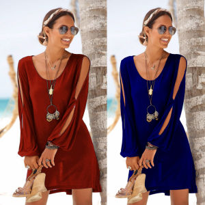 New women's dress deep V-neck loose shoulder long sleeve casual beach dress