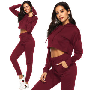 Autumn and Winter Suit Casual Sports Hooded Sweater Exposed Navel Two-piece Female