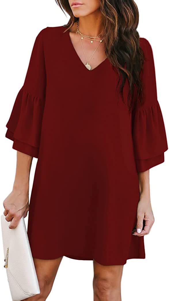 Women's Dress Sweet & Cute V-Neck Bell Sleeve Shift Dress Mini Dress