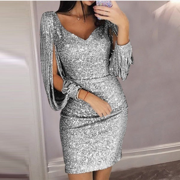 Women's Skirt Fashion V-neck Sexy Tassel Slim Dress