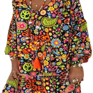 Plus Size Floral Print Long Sleeve V Neck Dress; Plus Size Slight Stretch Dress; Dress Women