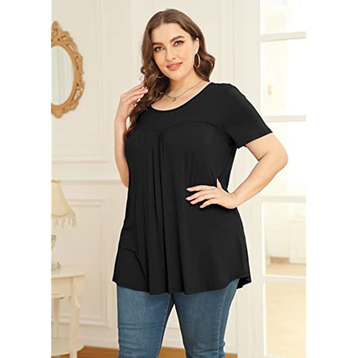 Women's Plus Size Short & Long Sleeve Tunic Tops Scoop Neck Loose T Shirt Blouse for Leggings