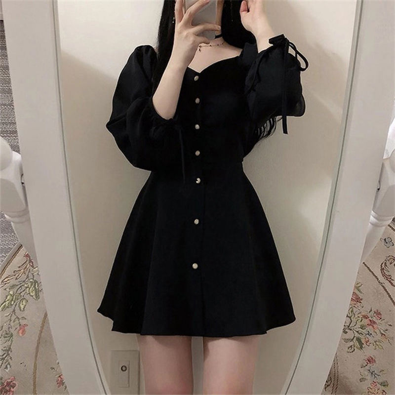 Dress Women Vestidos Vintage Solid Daily Empire Elegant Black BF Oversized Classy Retro Fashion Charm Female Clothes Long Sleeve