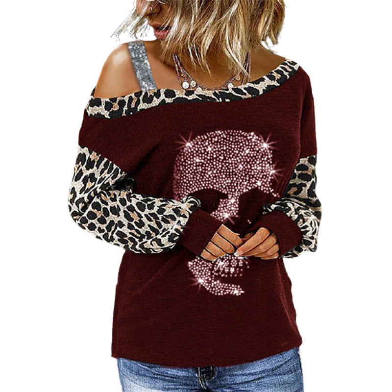 Autumn and Winter New Women's Top Leopard Print Stitching Strapless Hot Diamond Glittering Long-sleeved T-shirt