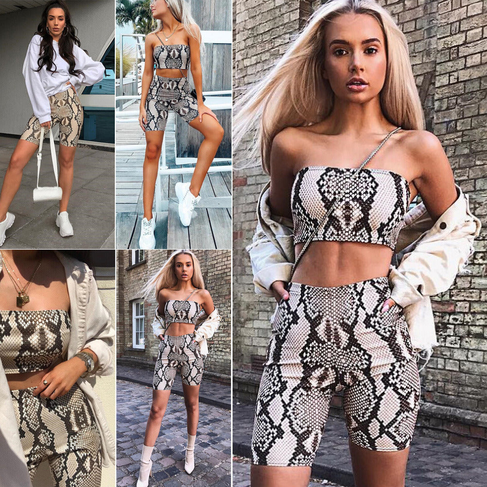 Two-piece women's new snake print tube top + shorts sports and leisure suit