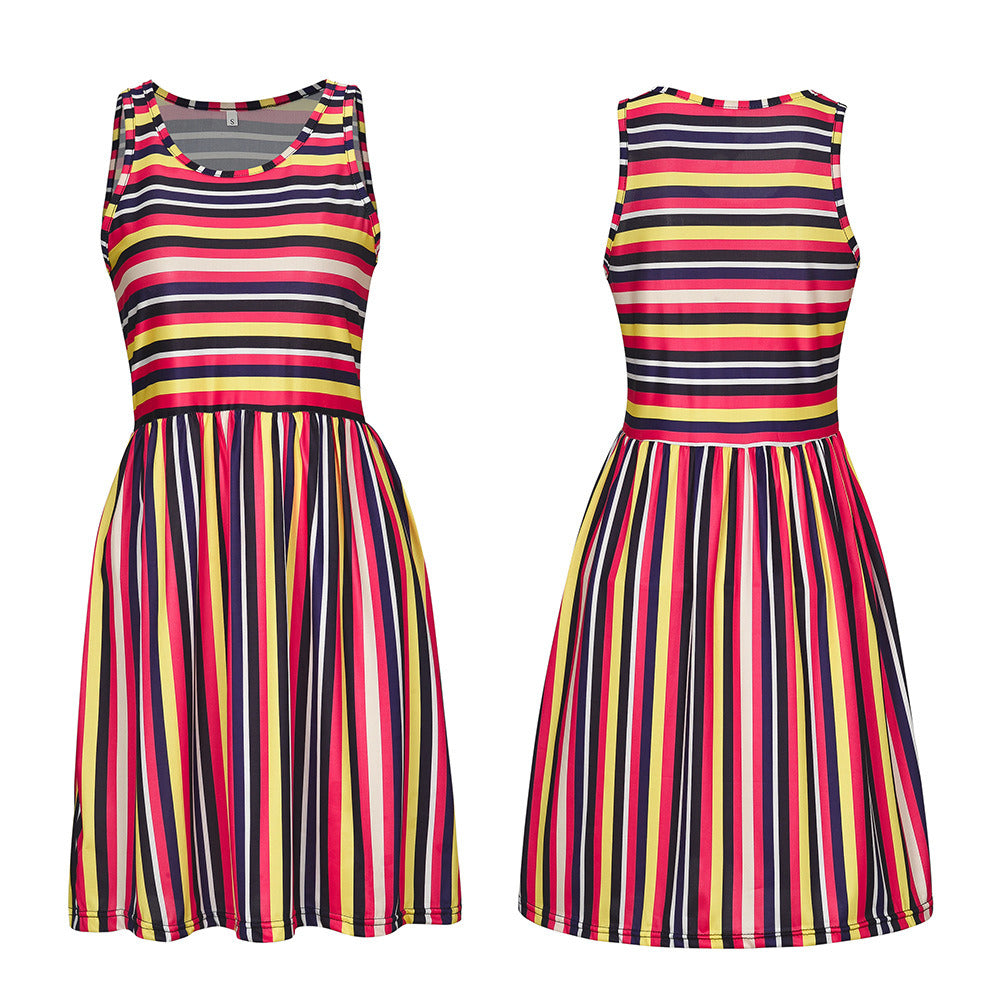 European and American Striped Print Dress Round Neck Sleeveless Dress